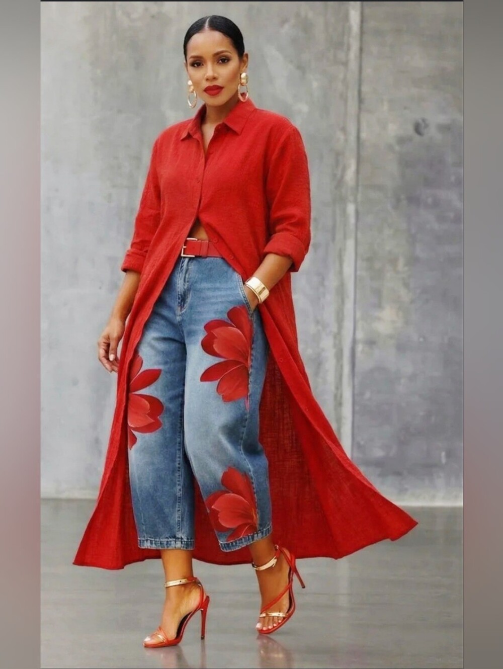 2 Piece Ankle-Length Barrel Jeans w Red Floral Accent/RED button Up Duster New